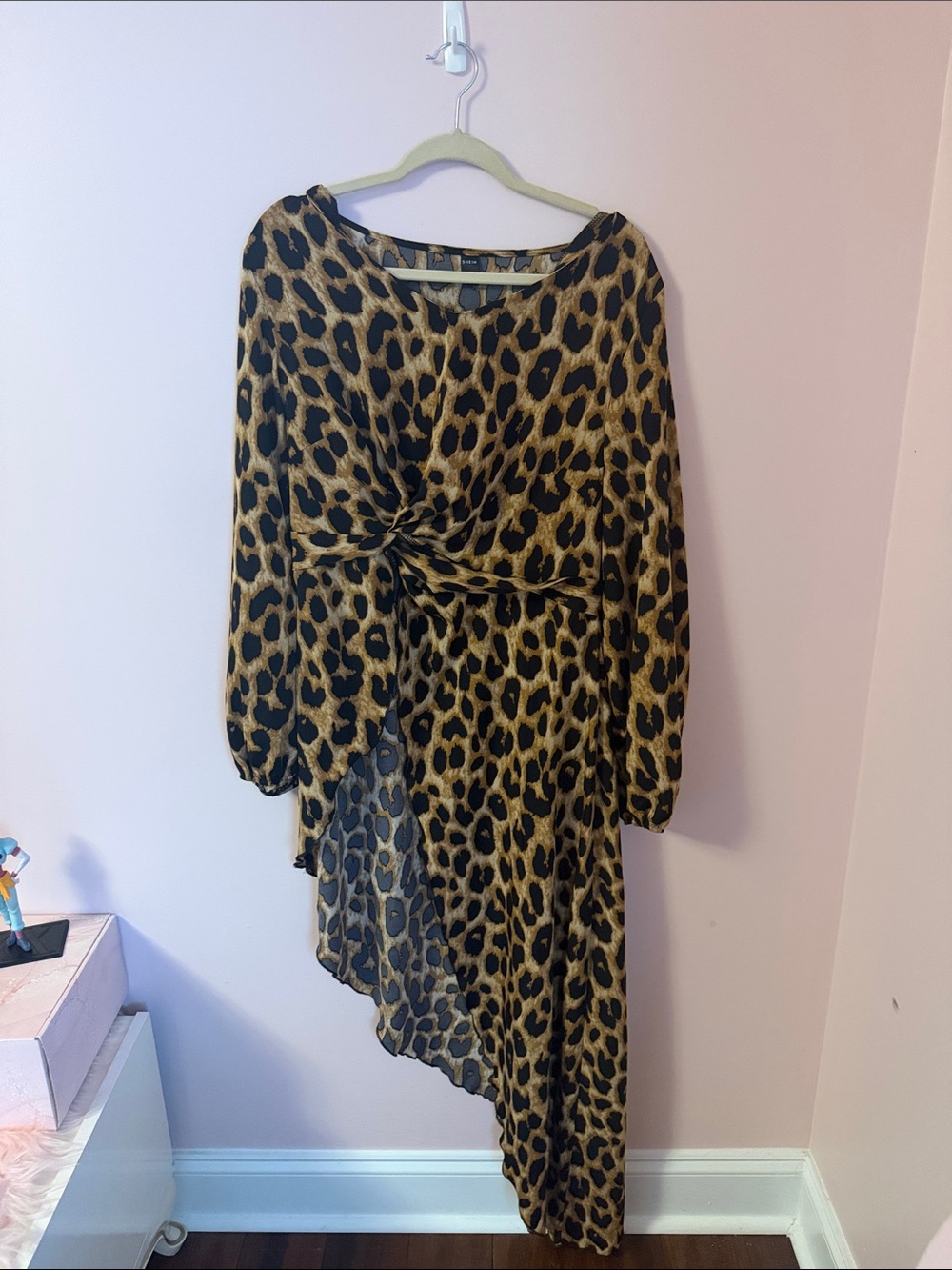 Leopard Print Asymmetric Long Sleeve Dress - Brown/Black